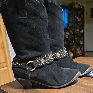 Diane Gilman Suede Embellished Harness Boots Suede Black Gold Tone Toe Cap Moto